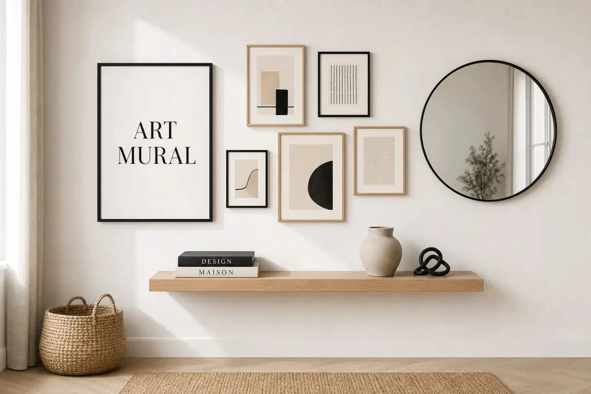 Idées pour décorer un mur blanc avec cadres, miroir et étagère murale dans un intérieur moderne