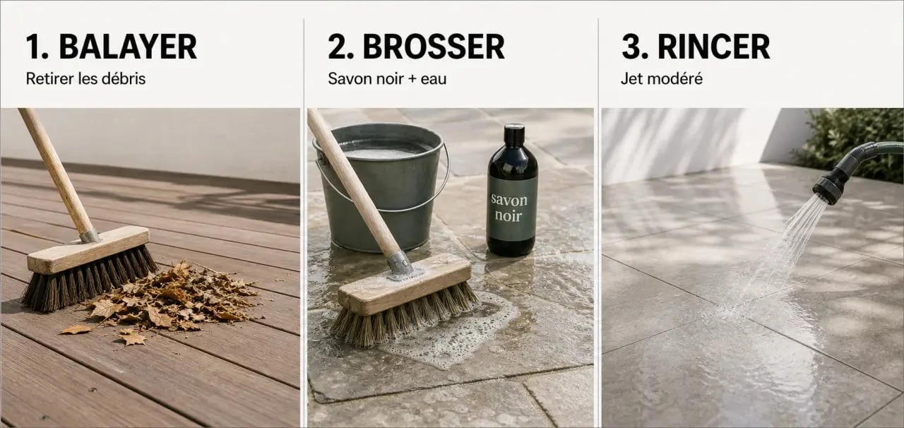 Terrasse nettoyage : étapes pour balayer, brosser et rincer une terrasse extérieure