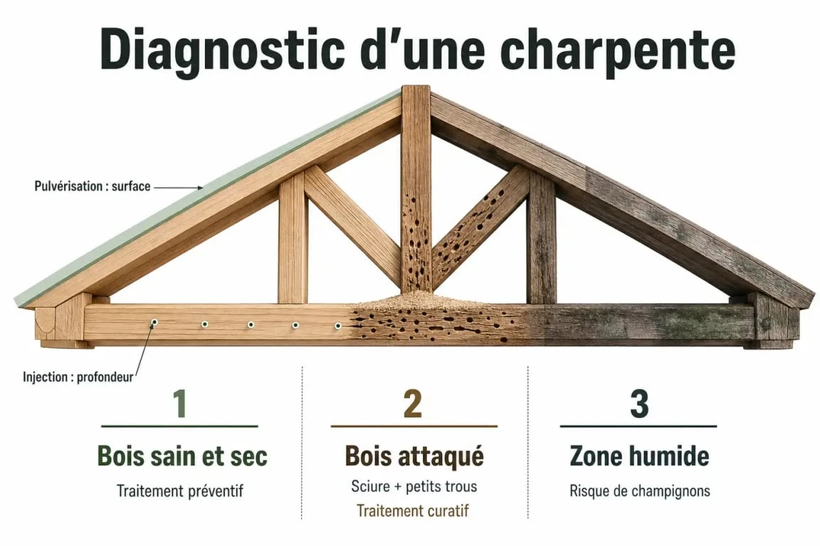 Traitement charpente bois : schéma comparatif des signes d’attaque et des méthodes préventives ou curatives