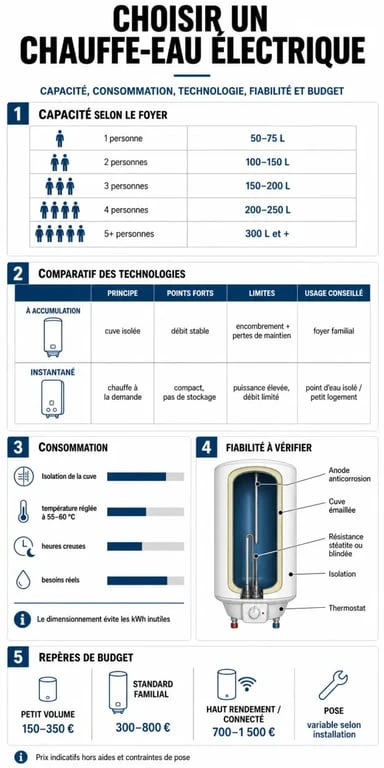 Meilleure chauffe eau electrique : infographie comparative des capacités, technologies et critères de choix