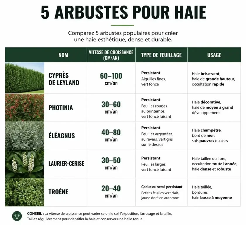 Tableau comparatif des meilleurs arbustes pour haie à croissance rapide pour choisir son brise-vue