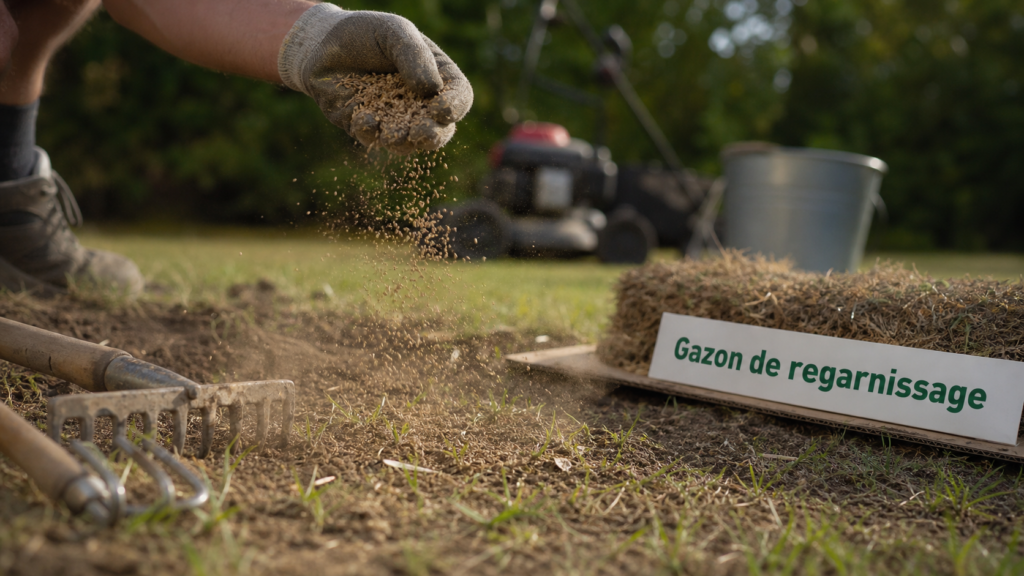 Gazon regarnissage : graines semées sur pelouse dégarnie