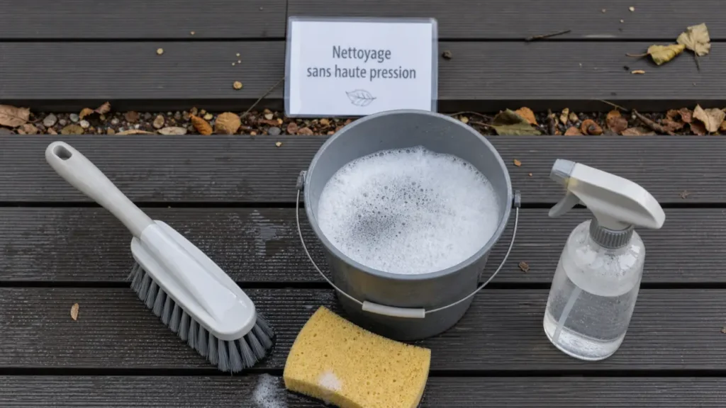 Nettoyer terrasse en composite avec eau savonneuse, brosse et dépôt vert