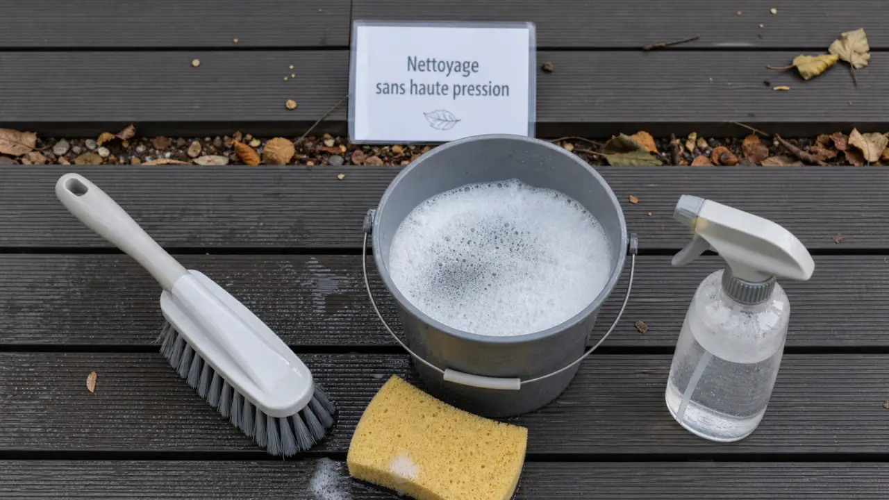 Terrasse en composite : eau savonneuse, dépôts verts et erreurs de nettoyage à éviter