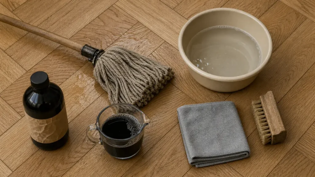 Parquet savon noir : serpillière essorée, savon noir et dosage sur parquet chêne