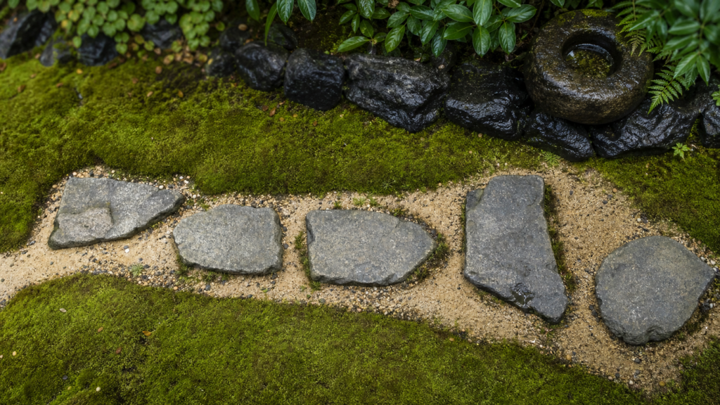Pas japonnais au jardin : dalles sur sable, pelouse humide
