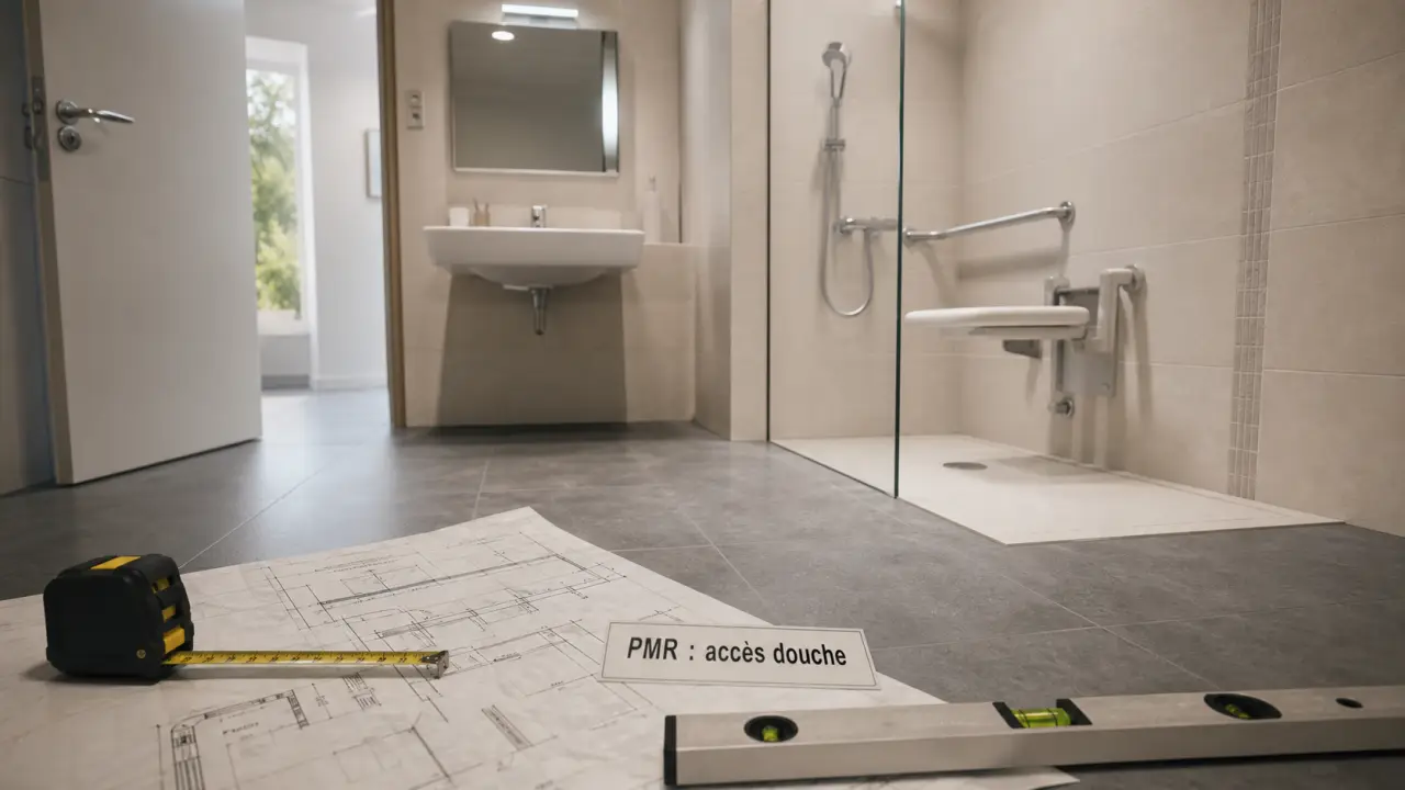 Salle de bain PMR : 150 cm de circulation, porte 90 cm et douche sans ressaut