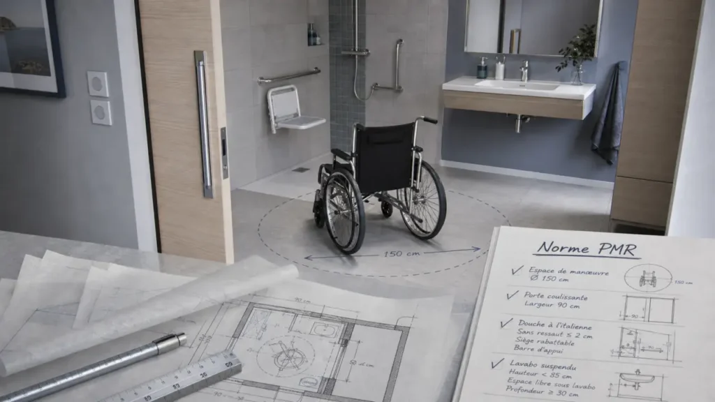 salle de bain norme pmr : 150 cm de circulation, porte 90 cm et douche sans ressaut