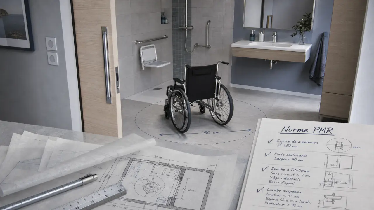 Salle de bain PMR : 150 cm de circulation, porte 90 cm et douche sans ressaut
