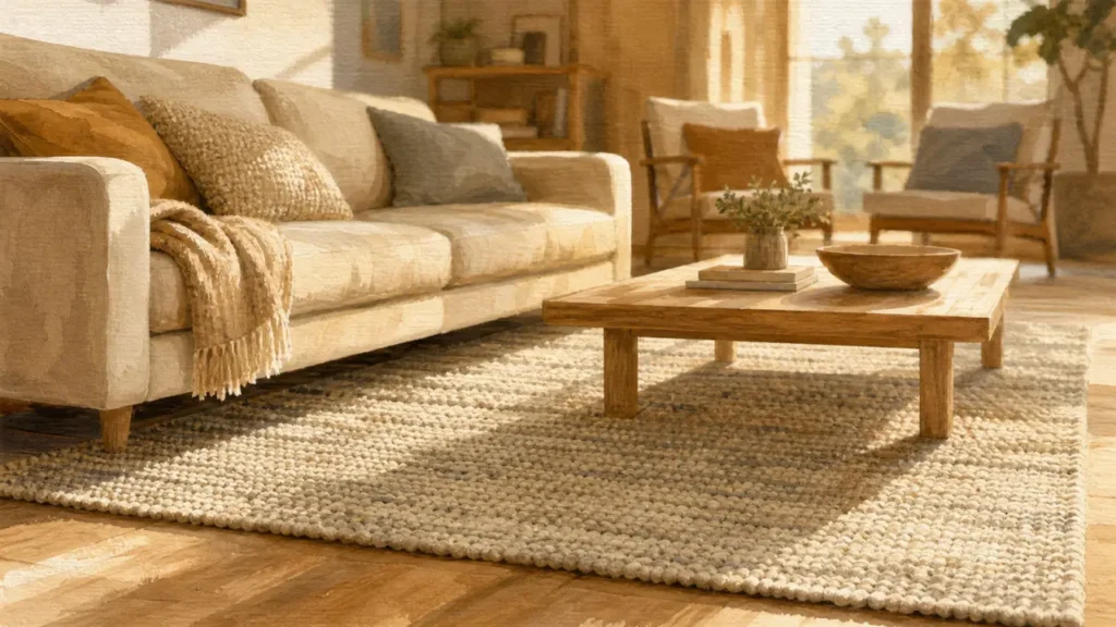 Tapis dans salon rectangulaire sous les pieds avant du canapé, marge ~30 cm
