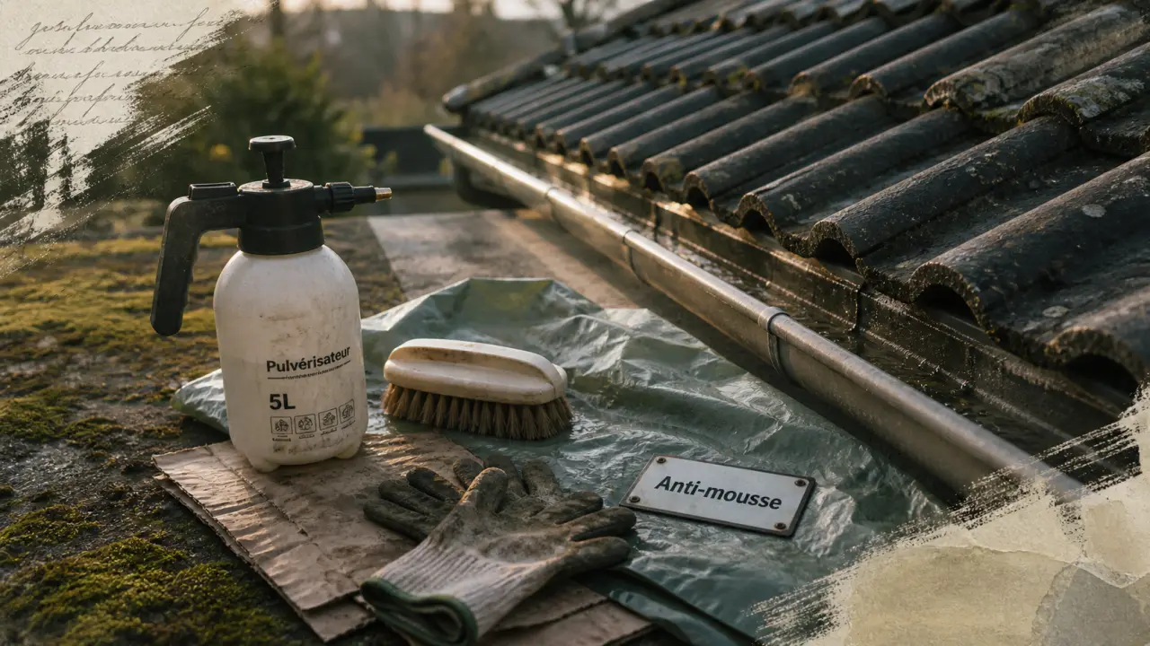 Anti mousse : nettoyage toiture et terrasse, brosse et pulvérisateur