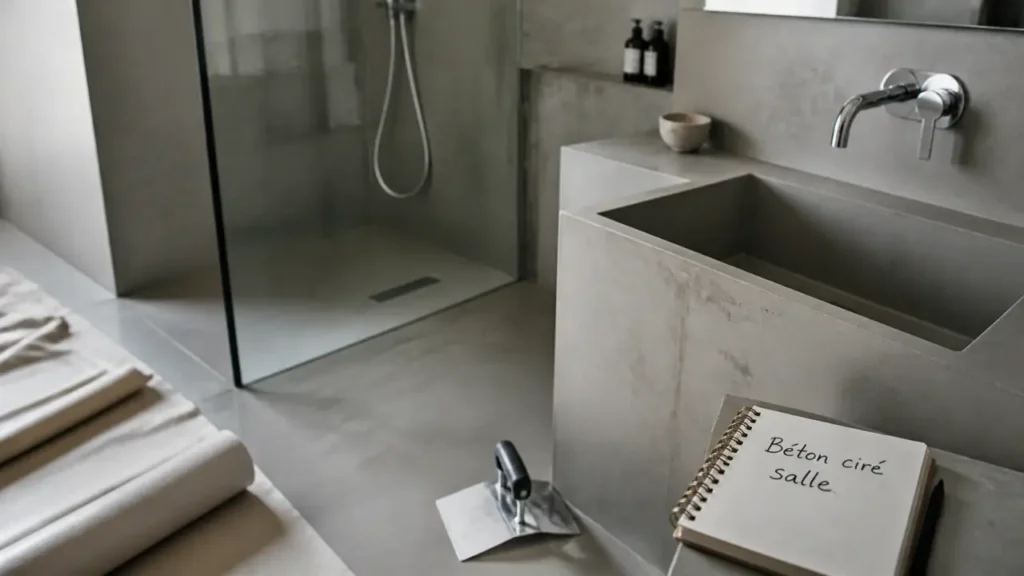 Beton ciré salle de bain : douche à l’italienne étanchéifiée