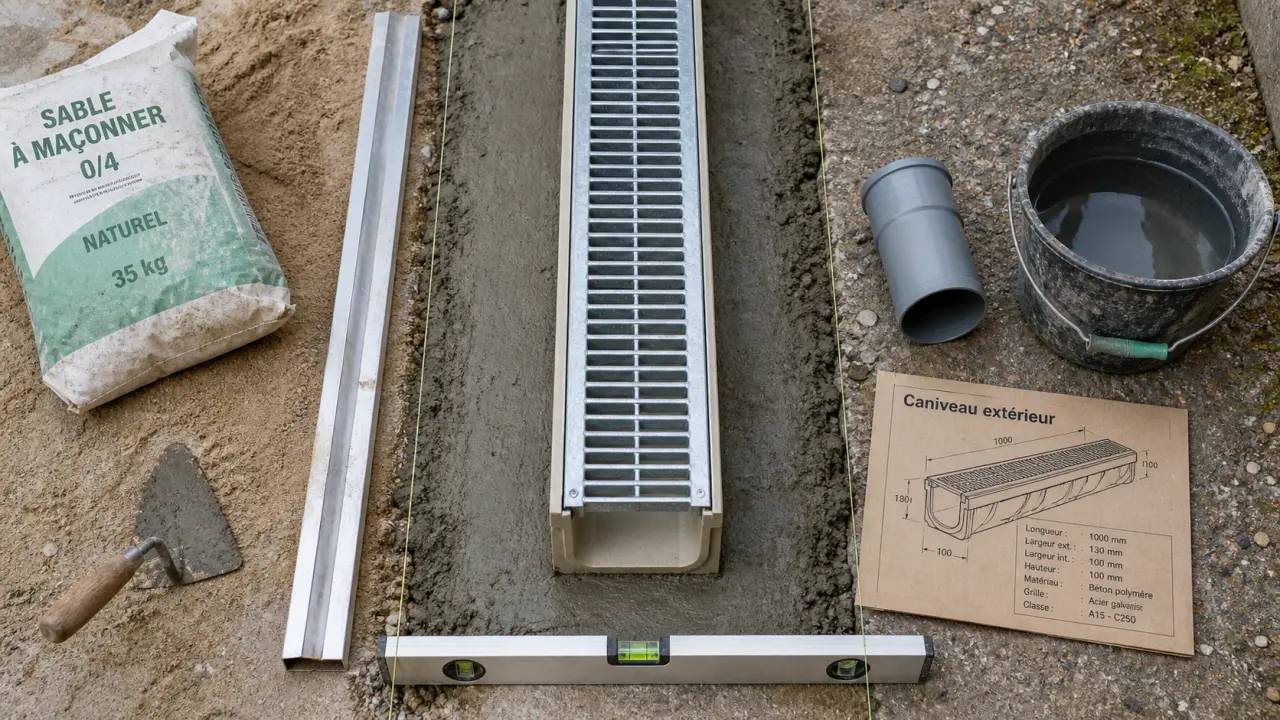 Caniveau extérieur en béton polymère avec grille sur chantier pour drainage