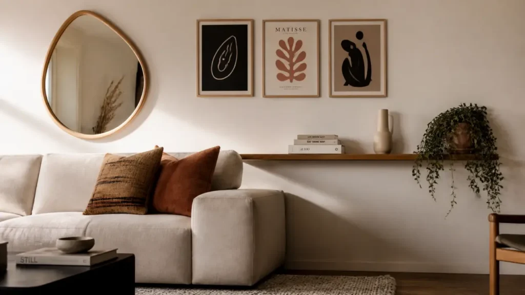 Decorer mur blanc avec cadres, etagere flottante et lumiere douce