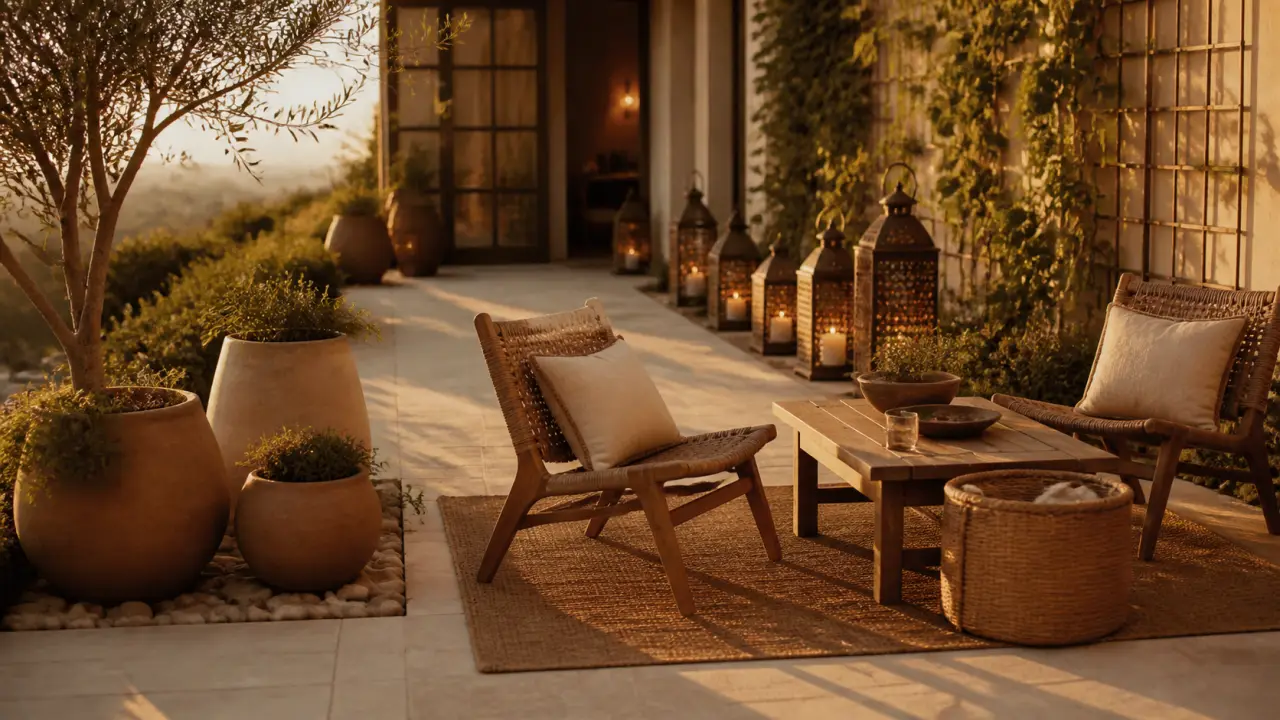 Décoration extérieur terrasse bohème-naturelle : tapis, lanternes et jardinières à la golden hour