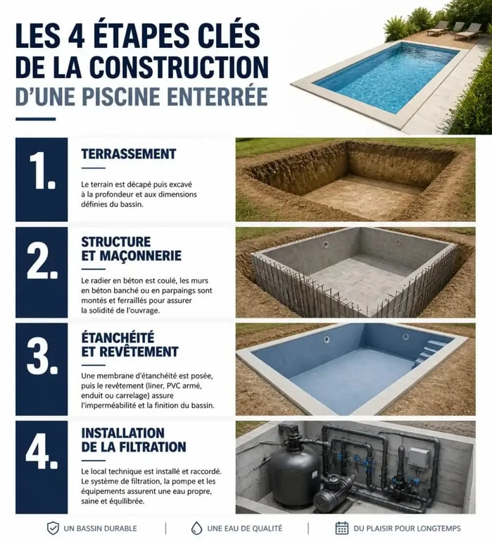 Étapes de la fabrication d'une piscine enterrée : du terrassement à la filtration
