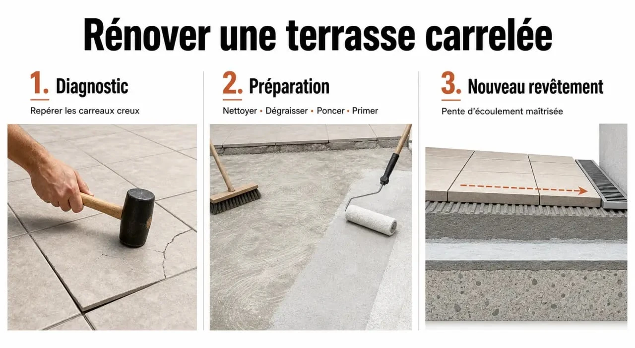 Renovation terrasse carrelage : schéma du diagnostic, de la préparation du support et de la pente avant recouvrement