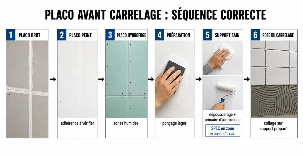 Faut il peindre le placo avant de carreler : schéma de préparation du support avant pose du carrelage
