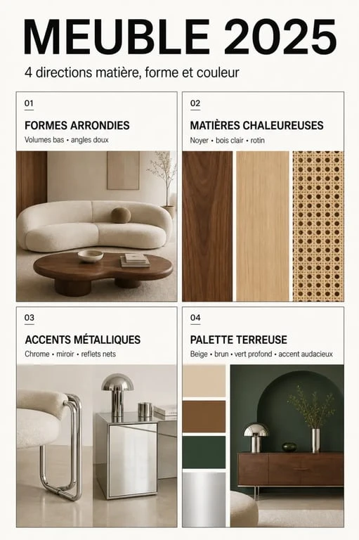 Meuble tendance 2025 : comparatif des formes, matières et couleurs à adopter