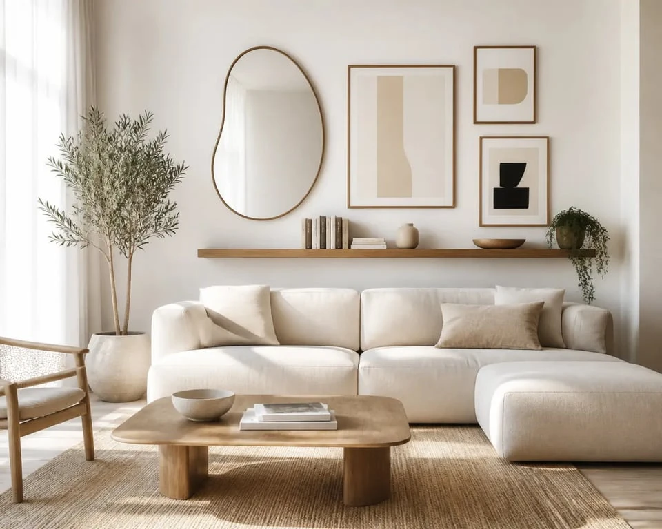 Idées pour décorer mur blanc dans un salon contemporain avec cadres, miroir et étagère flottante