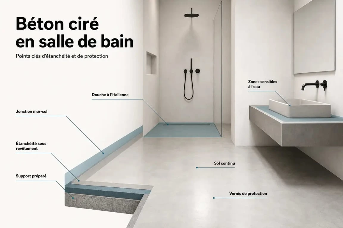 béton ciré salle de bain illustré dans une salle de bain contemporaine avec douche à l’italienne et vasque