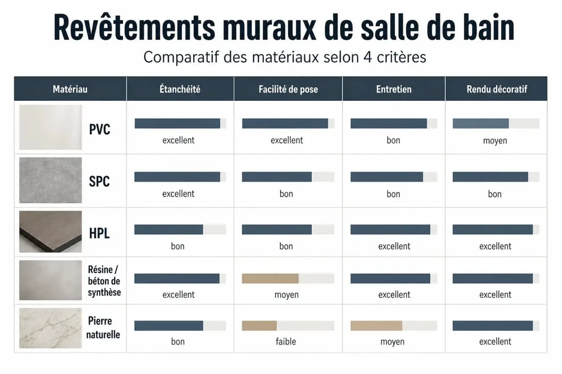 Comparatif de revêtement mural salle de bain avec PVC, SPC, HPL, résine et pierre naturelle