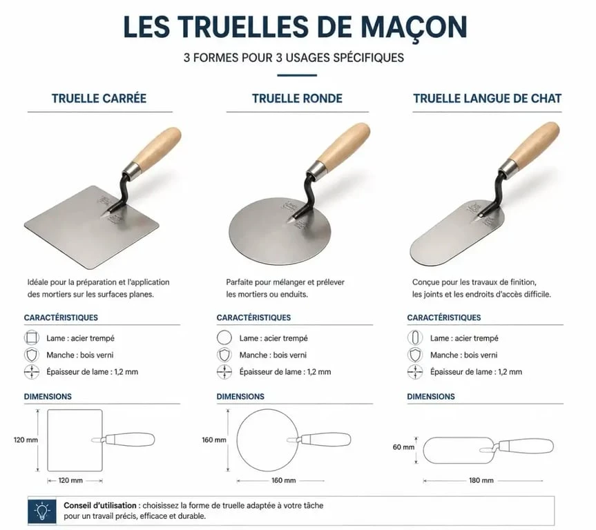 Différents types de truelles de maçon : carrée, ronde et langue de chat pour les travaux de construction