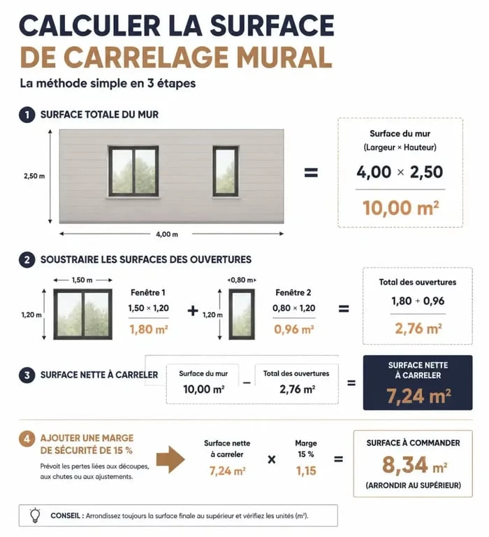 Infographie explicative pour le calcul de carrelage mural et simulateur de calcul carrelage mural
