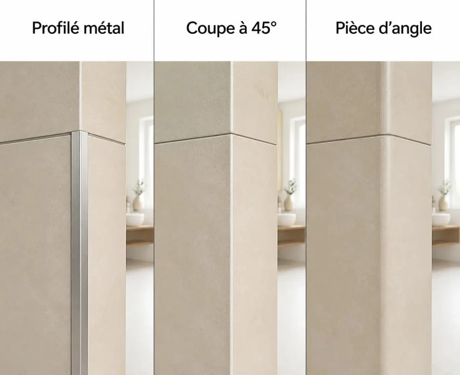 Angle en carrelage : comparaison des finitions avec profilé métal, coupe à 45 degrés et pièce spéciale