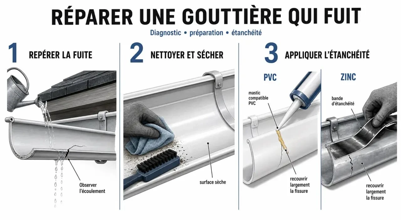 Réparer gouttière qui fuit : diagnostic, nettoyage et colmatage en trois étapes