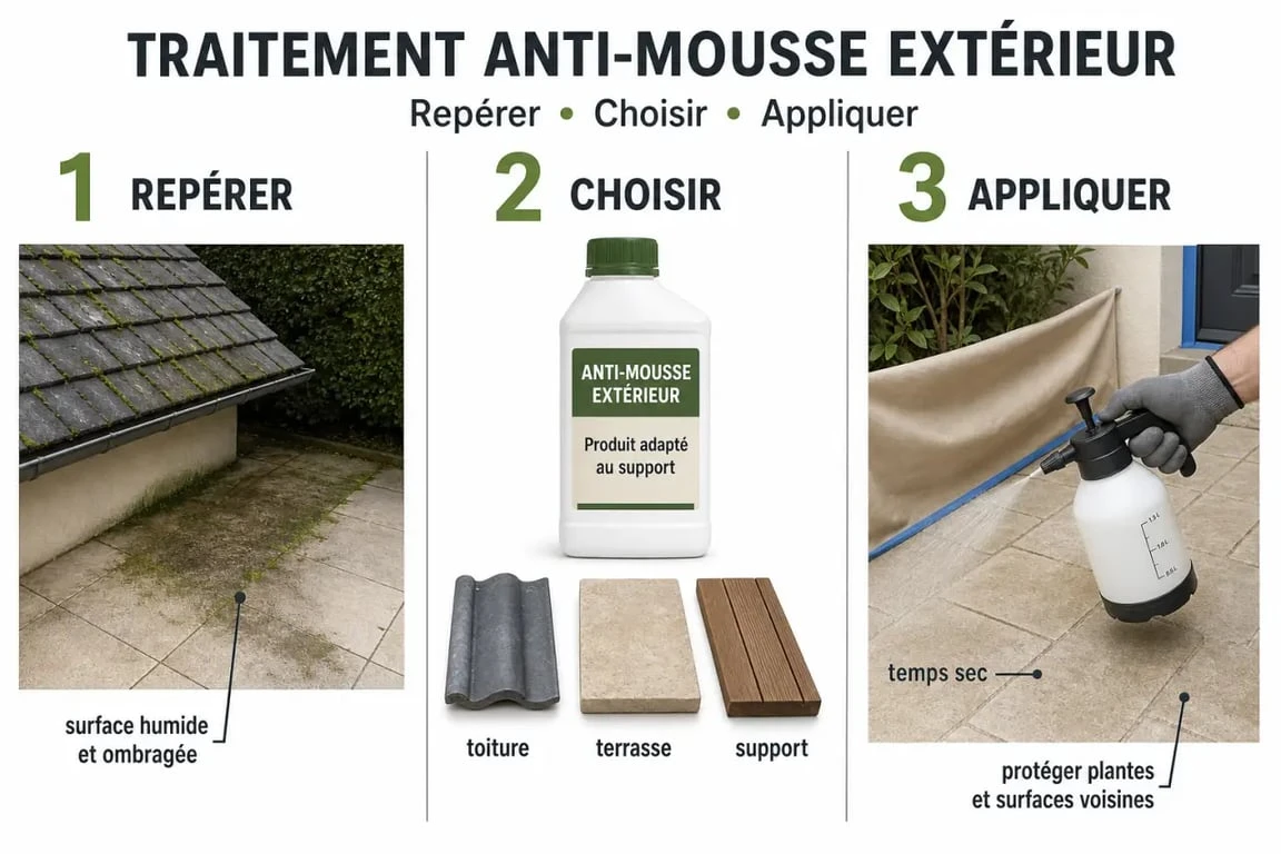 Traitement anti mousse sur toiture et terrasse, étapes d'application et précautions