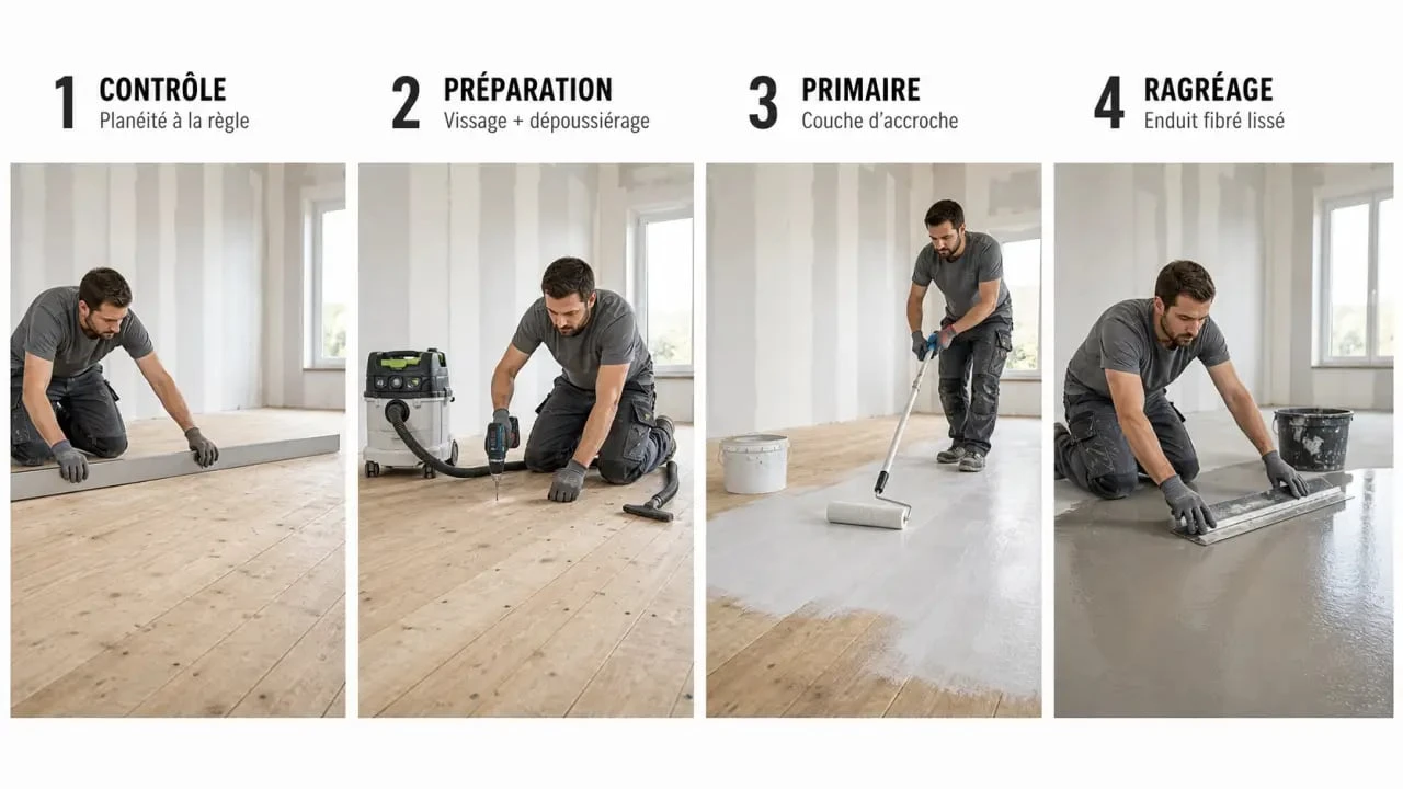 Ragréage sur plancher bois en étapes de préparation et d’application