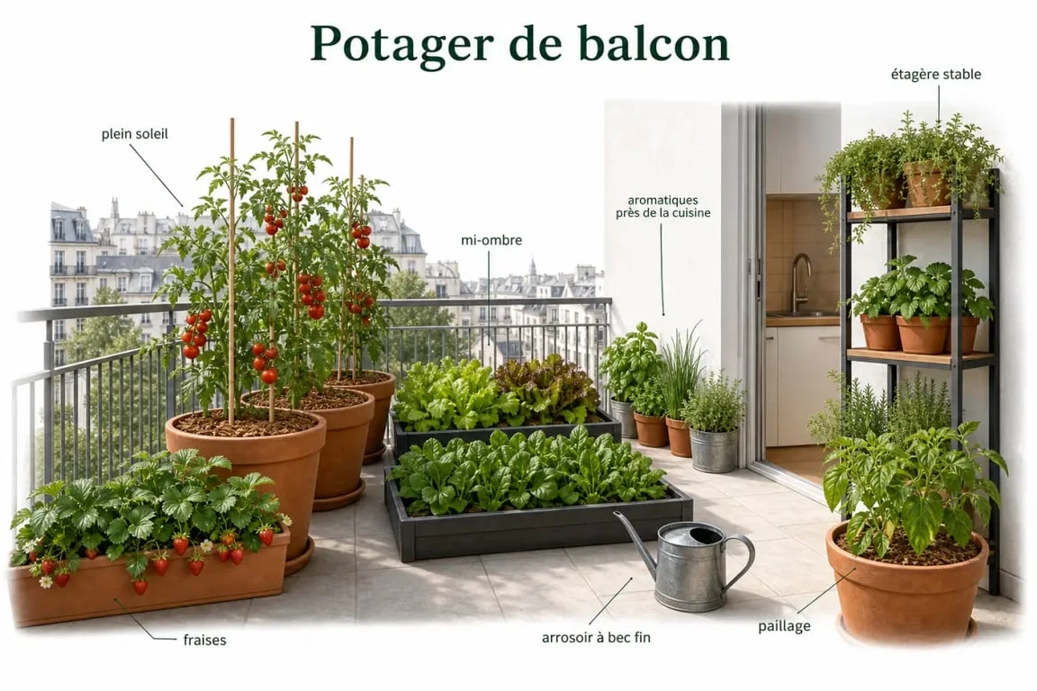 Potager sur balcon organisé avec bacs profonds, salades, tomates cerises, fraises et aromatiques