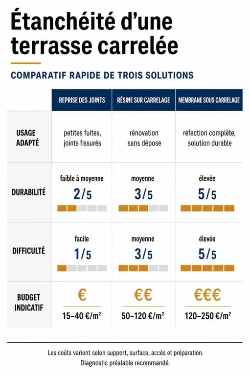 Étanchéité sur carrelage terrasse : comparaison visuelle des solutions sur carrelage, sous carrelage et reprise complète