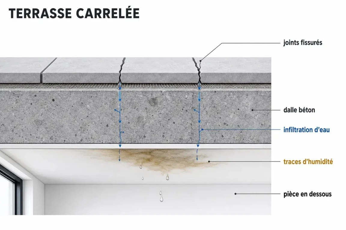 Étanchéité sur carrelage terrasse : coupe schématique montrant les infiltrations d’eau par les joints