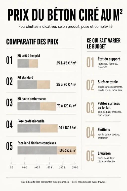 Infographie du prix du béton ciré au m2 selon le type de pose, la surface et l’état du support