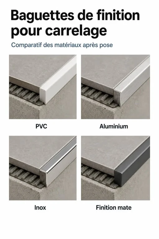Baguette finition carrelage après pose : comparaison visuelle des matériaux PVC, aluminium, inox et finition mate
