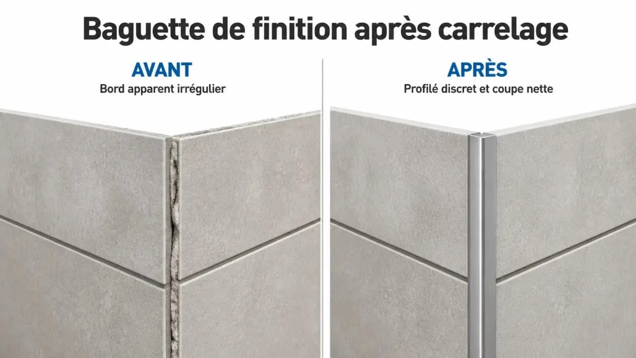 Baguette finition carrelage après pose : avant et après sur un angle de carrelage rénové