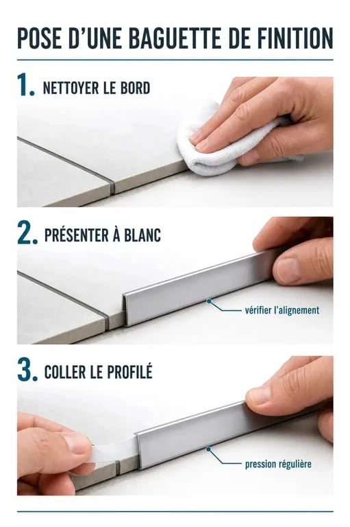 Baguette finition carrelage après pose : pose propre d'un profilé adhésif sur le bord du carrelage