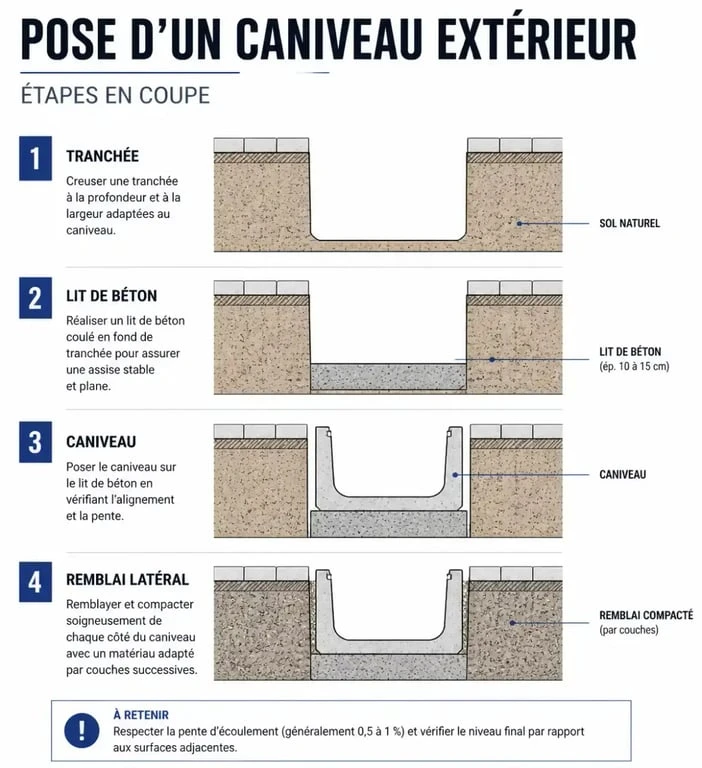 Schéma de pose d'un caniveau extérieur