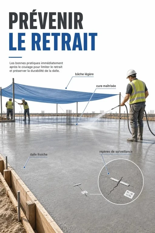 Dalle béton qui fissure au séchage : prévention avec cure, protection et repères de surveillance après coulage