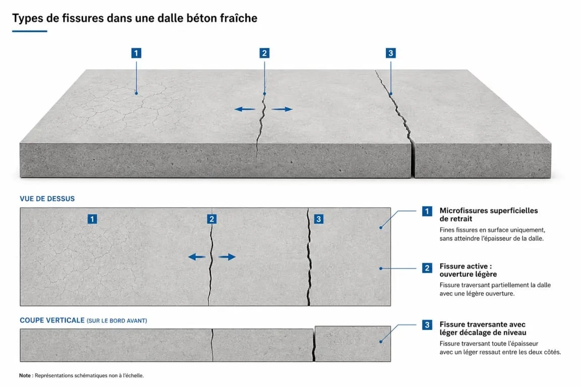 Dalle béton qui fissure au séchage : schéma des fissures superficielles, actives et traversantes sur une dalle fraîche