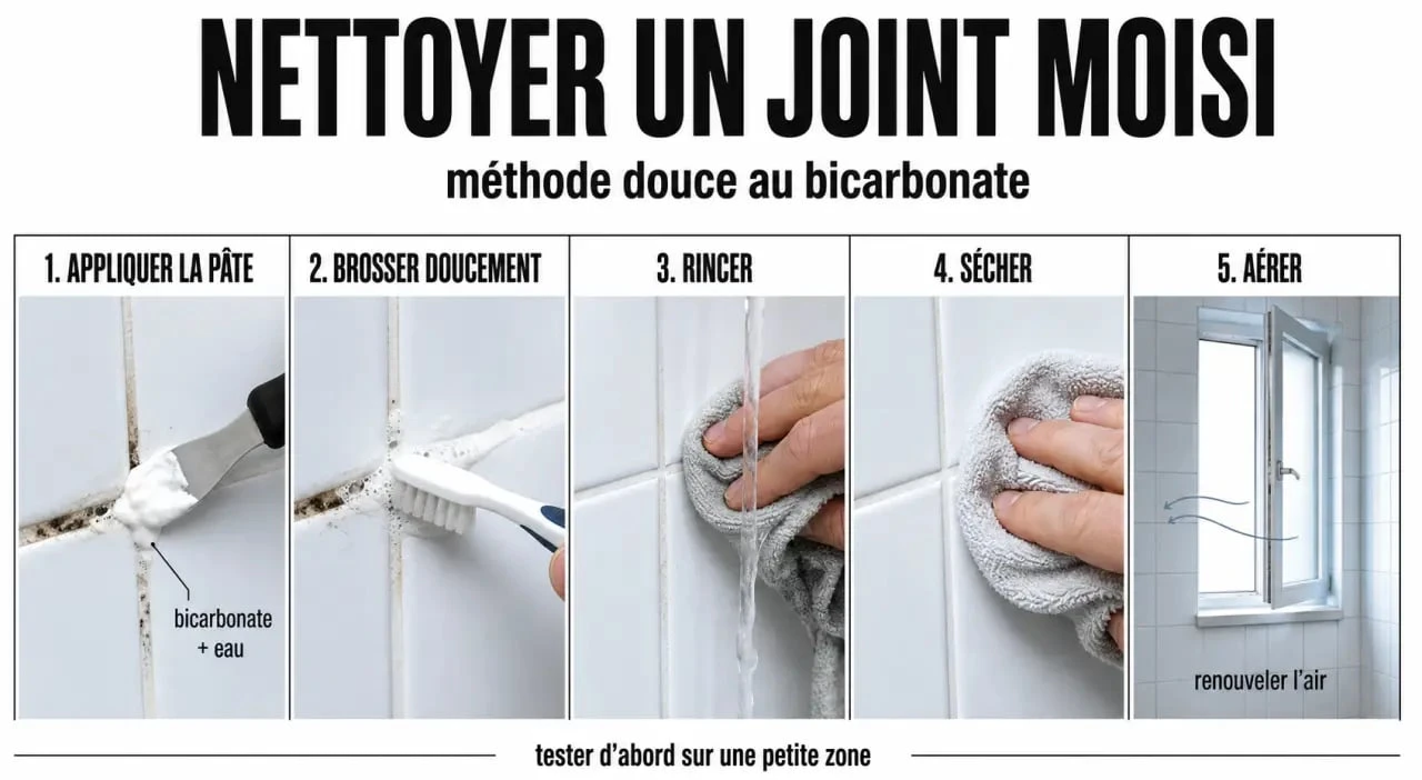 Moisissure salle de bain nettoyée sur un joint de douche en étapes