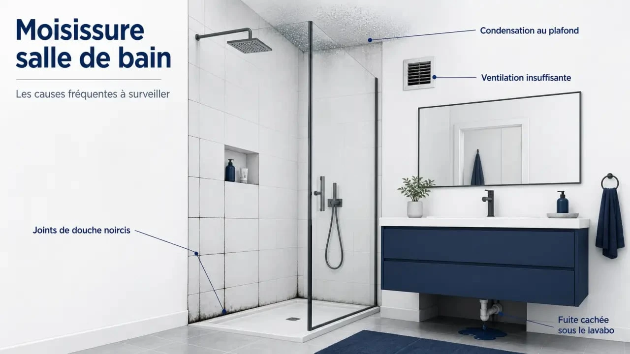 Moisissure salle de bain repérée sur les joints, le plafond et près d'une fuite cachée