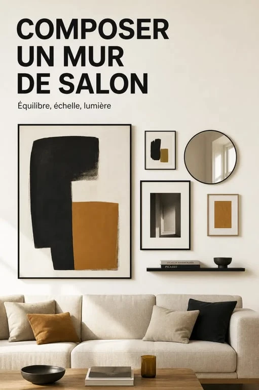 Idée pour decorer un grand mur salon avec tableau XXL, cadres et miroir dans une ambiance chaleureuse
