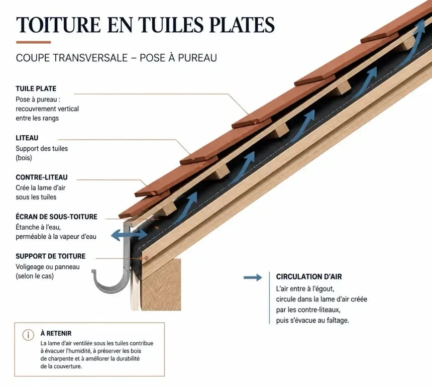 Schéma technique de pose d'une toiture en tuile plate