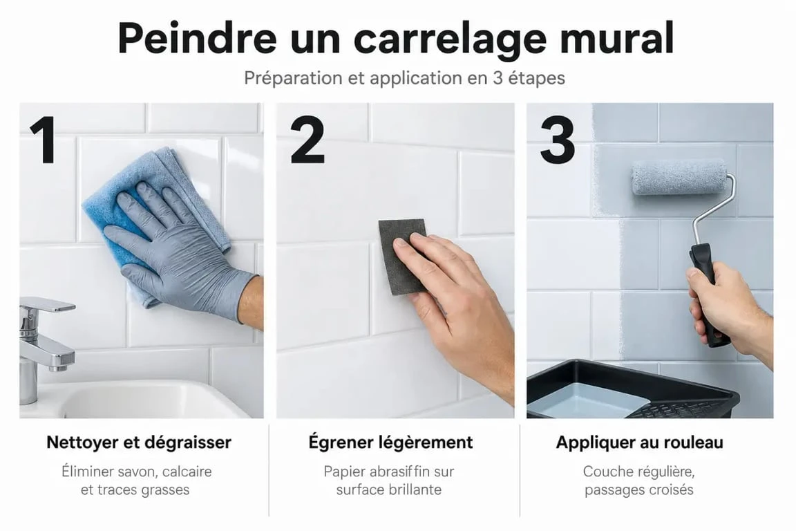 Peindre un carrelage mural : nettoyage, égrenage et application de la peinture au rouleau