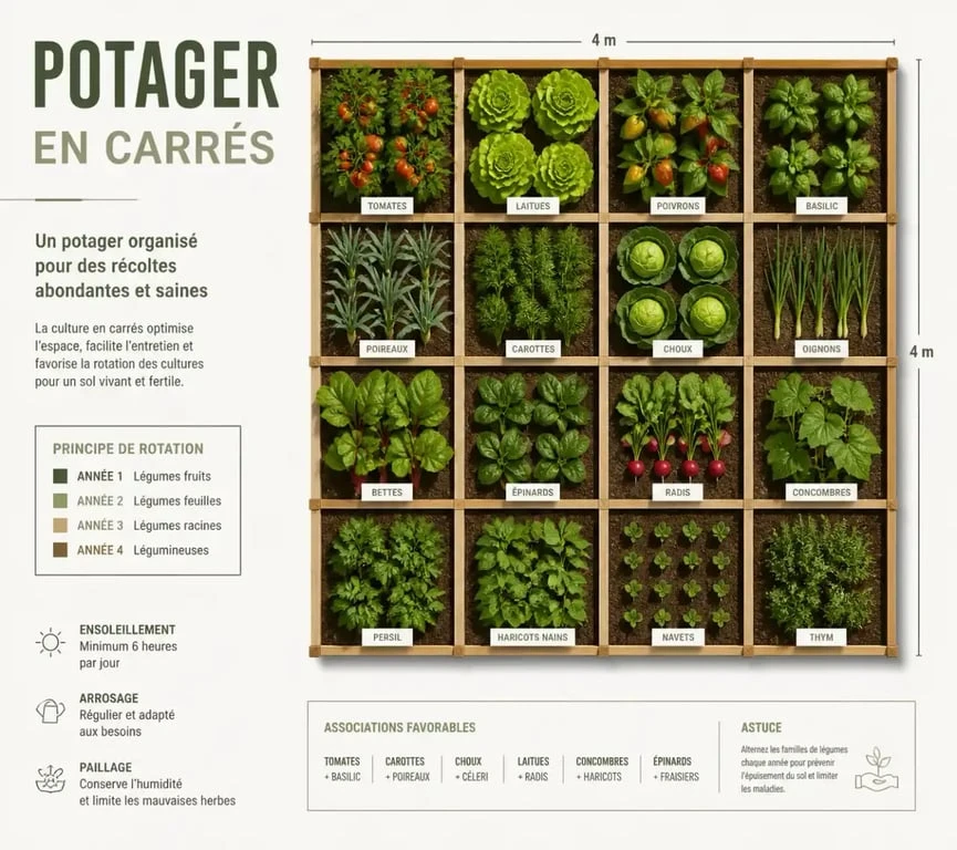 Schéma d'organisation pour débuter son potager en carrés