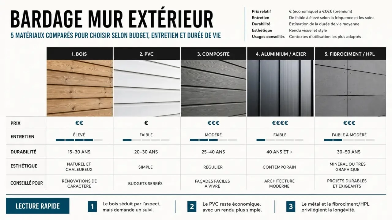 Comparatif bardage mur extérieur : bois, PVC, composite, aluminium et fibrociment