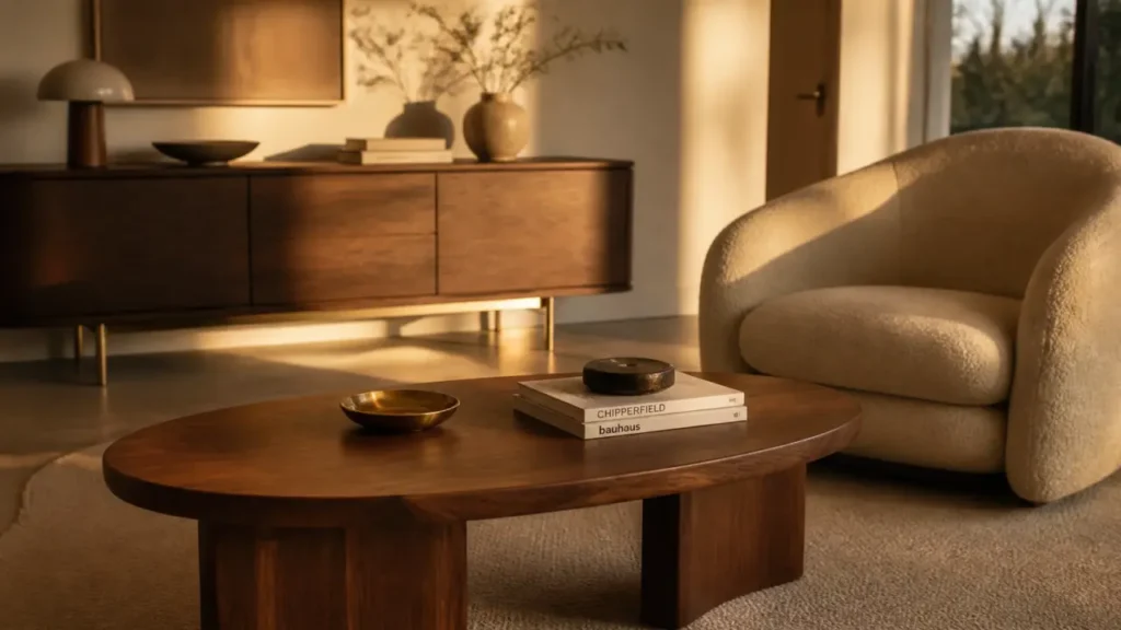 Meuble tendance 2025 : table basse ovale en noyer et chrome, intérieur salon contemporain